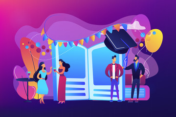 Tiny people high school students in dresses and suits chatting at promenade dance. Prom party, prom night invitation, promenade school dance concept. Bright vibrant violet vector isolated illustration © Visual Generation