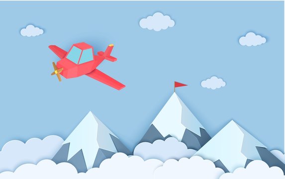 Mountains airplain in paper cut style. Landscape with clouds of three snow capped mountains and a flying red plain. Vector origami polygonal illustration.