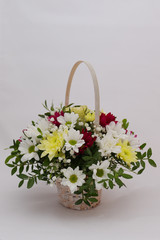 A bright bouquet of gerberas and chrysanthemums entwined with green sprigs of pistachio tree.