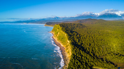 Remote rocky coastline with native forest and snowy mountain peaks on the background. West Coast, South Island, New Zealand