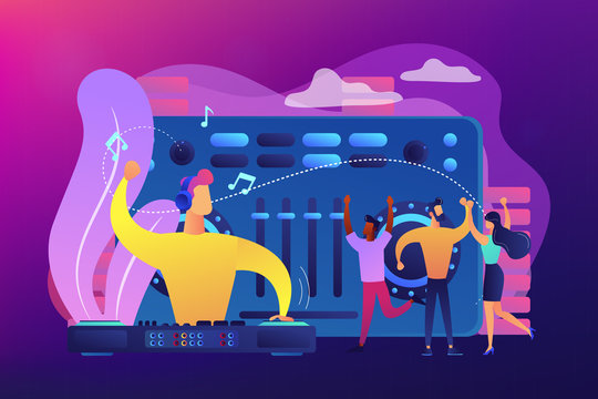 DJ in headphones at turntable playing music and tiny people dancing at party. Electronic music, DJ music set, DJing school courses concept. Bright vibrant violet vector isolated illustration