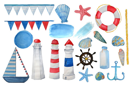 Hand drown watercolor sea set. Bright watercolor elements: lighthouse, boat, seshells, seastars, lifebuoy, steering wheel, rope, flags, anchor - Illustration