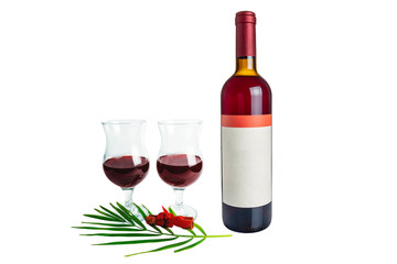 bottle and two glasses of red wine isolated on white background.