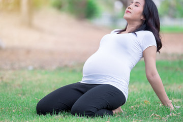 Portrait of asian Beautiful pregnant woman at the park,Thailand people,Happy woman concept,Her play yoga on the lawn