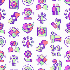 Autism symptoms seamless pattern with thin line icons: repetitive behavior, stereotypy, ignoring of danger, autoaggression, hysterics, communication, social interaction. Modern vector illustration.