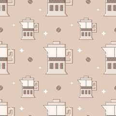 Seamless pattern with french presses in flat linear style.