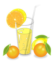 Delicious refreshing drink. In a glass of natural fruit juice, a piece of mandarin, lemon, orange. Vector illustration