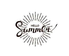 emblem of hello summer lettering with beach isolated on white background