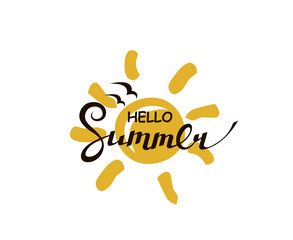 emblem of hello summer lettering with beach isolated on white background
