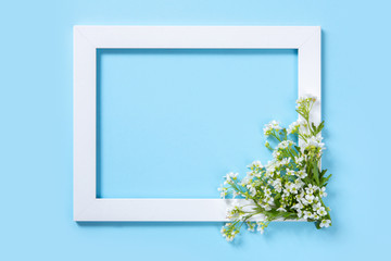 White frame on a blue background. Field tender flowers. Place for inscriptions.