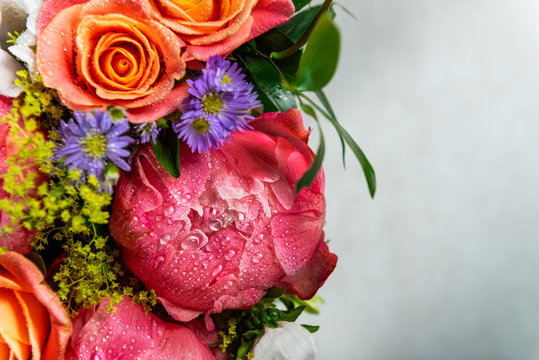 Bouquet of fresh pink peonies and roses. Card Concept, pastel colors, close up image