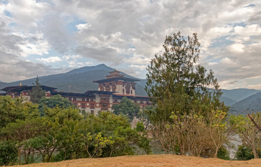 Fototapeta na wymiar Bhutan, Asia – mountain monastery on the river.
