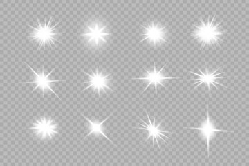 White glowing light explodes on a transparent background. Sparkling magical dust particles. Bright Star. Vector sparkles