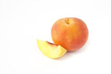 Naklejka na ściany i meble Fresh peach full and slice fruit isolated on white background