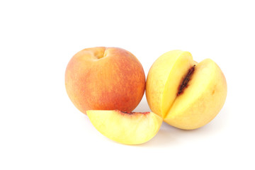 Naklejka na ściany i meble Fresh peach full and slice fruit isolated on white background