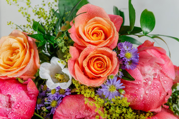 Bouquet of fresh pink peonies and roses. Card Concept, pastel colors, close up image