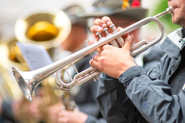 Trumpet player in military fanfare during a ceremony