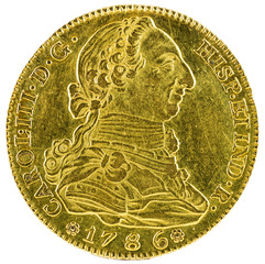 Ancient Spanish gold coin of King Carlos III. With a value of 4 escudos and minted in Madrid. 1786. Obverse.
