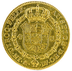 Ancient Spanish gold coin of King Carlos III. With a value of 4 escudos and minted in Madrid. 1786. Reverse.