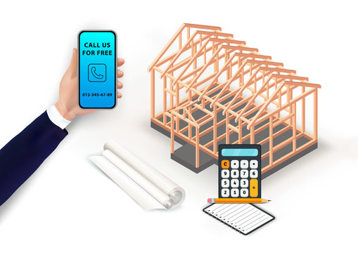 Building House Concept. Architectural Home Construction Project Design. 3d Timber Frame House, Calculator, Notebook, Blueprint And Hand Holding Smartphone. Contractor Banner, Poster Template. Vector