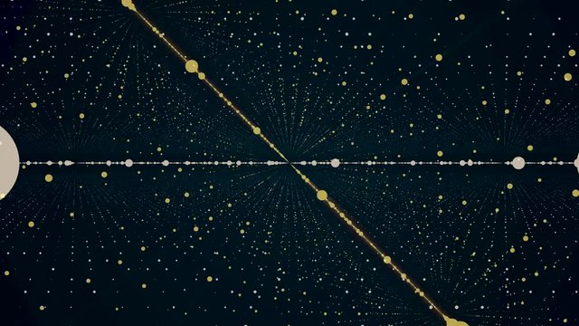 Abstract 3d animated background of many golden and white small circels moving in rows and rotating on dark blue background. Animation. Infinite number of spinning dots.