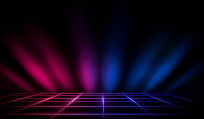 Empty stage, neon lights, spotlights and rays. Dark background and neon light. Night view, urban background.