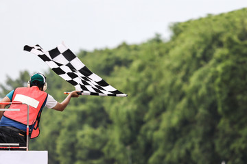 Back view of man holding checkered race flag