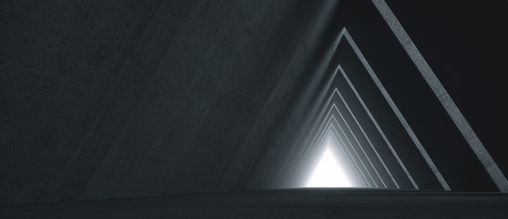 Empty Long Light Corridor. Modern concrete background. Futuristic Sci-Fi Triangle Tunnel. 3D Rendering