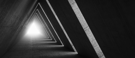 Fototapeta premium Pusty długi jasny korytarz. Nowoczesne tło betonu. Futurystyczny tunel Sci-Fi Triangle. Renderowanie 3D