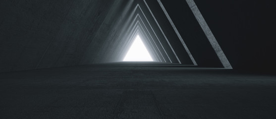 Empty Long Light Corridor. Modern concrete background. Futuristic Sci-Fi Triangle Tunnel. 3D Rendering - obrazy, fototapety, plakaty