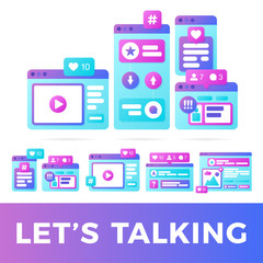 Set Vector illustration of a social media communication concept. social media with colorful cross-platform browser windows.
