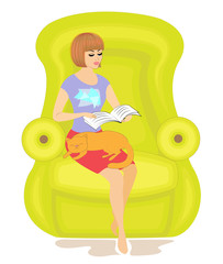 Cute girl reading a book in the chair. The lady is holding a cat, the animal is sleeping. Joyous mood and comfort. Vector illustration