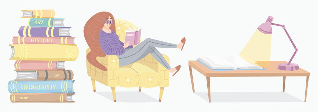 Stylish young female reading an open book. Lover of literature sits on the chair. Stack of encyclopedias and inverted pages. Symbols and objects in contemporary style. Vector illustration for posters.