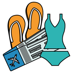 female swimsuit bikini with flip flops and tickets flight