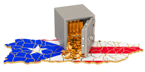 Safe box with golden coins on the map of Puerto Rico, 3D rendering