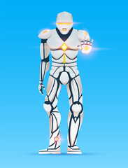 Obraz premium Stylish Cyborg man. Humanoid Robot with artificial intelligence, AI. character shows gestures. Android male, futuristic vector illustration in cartoon style.