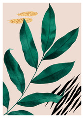 Fototapeta na wymiar Abstract composition of tropical plants, golden outline, geometric figures and animal pattern.