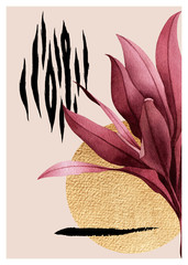 Fototapety  Abstrakcyjna kompozycja roślin tropikalnych, złoty kontur, figury geometryczne i wzór zwierzęcy.