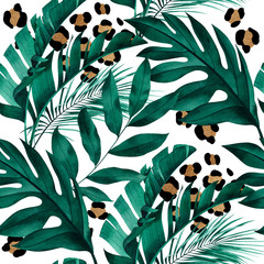 Obrazy na Szkle  Tropikalny wzór z egzotycznych monstera, bananów i liści palmowych na białym tle.