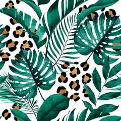 Tropisch naadloos patroon met exotische monstera, banaan en palmbladeren op witte achtergrond.