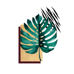 Panele Szklane  Abstrakcyjna kompozycja tropikalnej rośliny monstera, złotych figur geometrycznych i zwierzęcego wzoru.