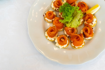 Salmon delicatessen snacks. Tasty appetizer with salted salmon slices, green salad and creamy cheese on white plate. Luxury seafood banquette dish. Delicious restaurant menu. 