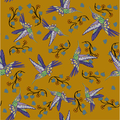 Humming bird and blossoming cherry embroidery seamless pattern. Beautiful hummingbirds and white blossoming cherry sakura flowers on black background.