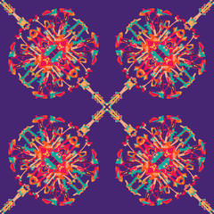 Light fabric, textiles. Bright seamless pattern in oriental style. Flower weave, fishnet lines. Handmade mosaic. Design element for wallpaper, tile, packaging, background.