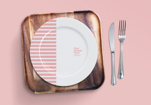 Top View Mockup of Dinner Plate and Wood Tray