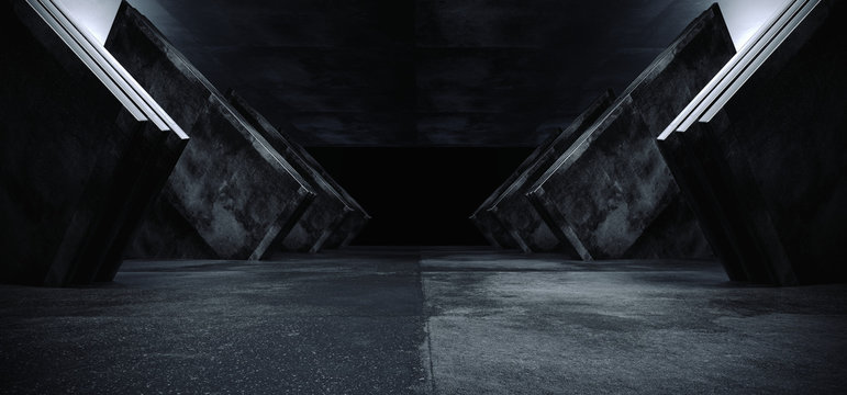 Sci Fi Futuristic Dark Concrete Grunge Reflective Modern Alien Spaceship Empty White Glow Shine Corridor Tunnel Hallway Underground Garage Entrance Abstract Elegant 3D Rendering