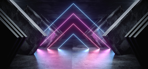 Triangle Futuristic Laser Neon Glowing Purple Blue Pink Sci Fi Dark Empty Spaceship Alien Corridor Tunnel Reflective Concrete Grunge Vibrant Virtual Reality Modern Hall Underground 3D Rendering