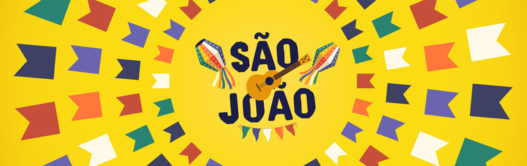 Brazilian Traditional Celebration Festa Junina. Portuguese Brazilian Text saying Hurray Saint John. Festa de Sao Joao. Festive Typographic Vector Art.
