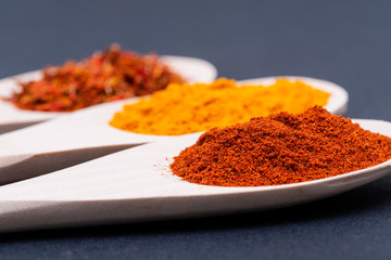 Collection of Spices in wooden spoons (Saffron, Turmeric powder, Sweet Paprika) on dark background.