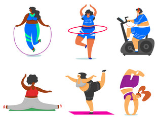 Fototapeta na wymiar Fitness girls Plus Size. Health sport in club. Set of Fat Woman doing exercises, loses weight, running on the simulator, warming up. Training pose in yoga classes, Cute female or Full Body characters.
